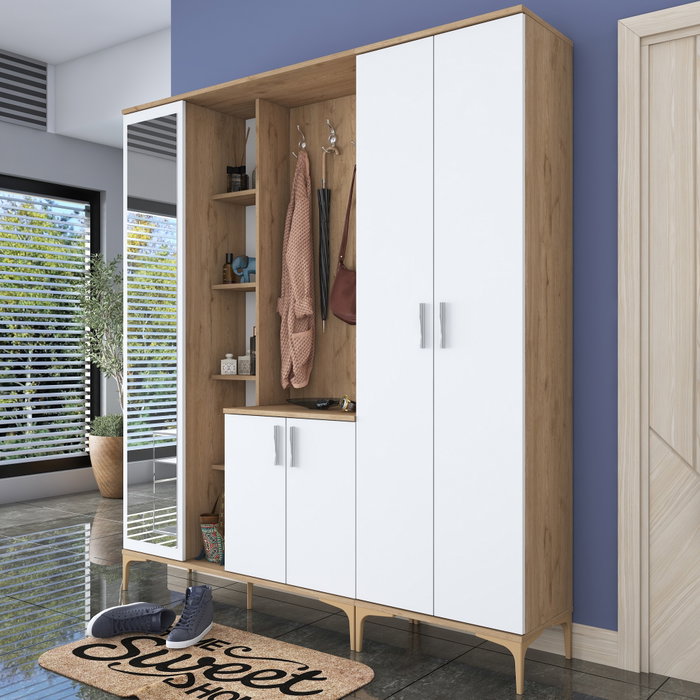 Hanah Home EA131 - 2801 Recibidor de Entrada Nogal y Blanco 180x198.6x37.5cm Mueble Organizador para Hogar